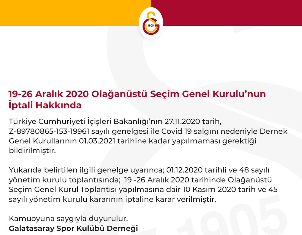 Galatasaray’da Olağanüstü Seçim Genel Kurul Toplantısı iptal edildi
