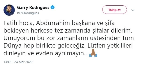 Garry Rodrigues’den Fatih Terim ve Abdurrahim Albayrak’a geçmiş olsun mesajı