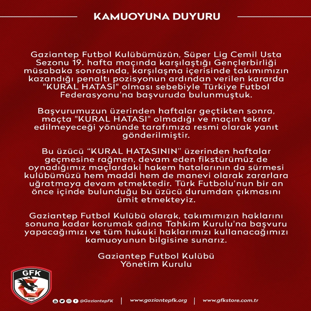 Gaziantep FK’dan TFF’ye sert tepki