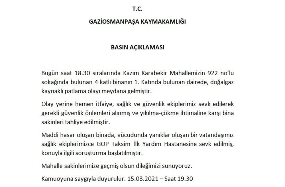 Gaziosmanpaşa Kaymakamlığı’ndan doğalgaz patlamasına ilişkin açıklama
