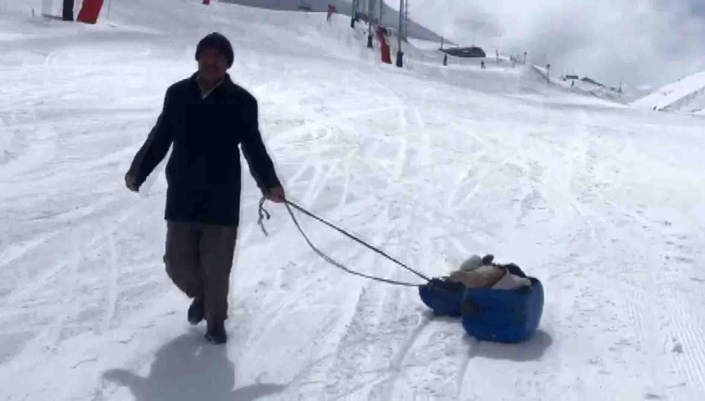 Hasta buzağıyı kızakla veterinere götürdü