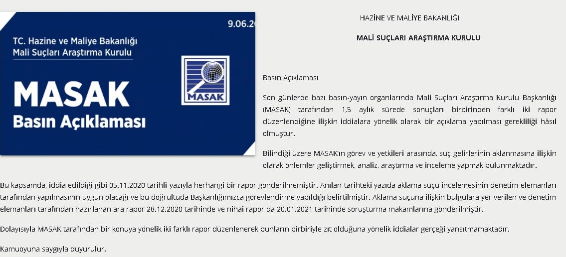 Hazine ve Maliye Bankanlığı’ndan MASAK açıklaması