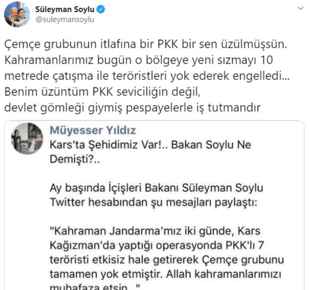 İçişleri Bakanı Soylu’dan Müyesser Yıldız’a tepki
