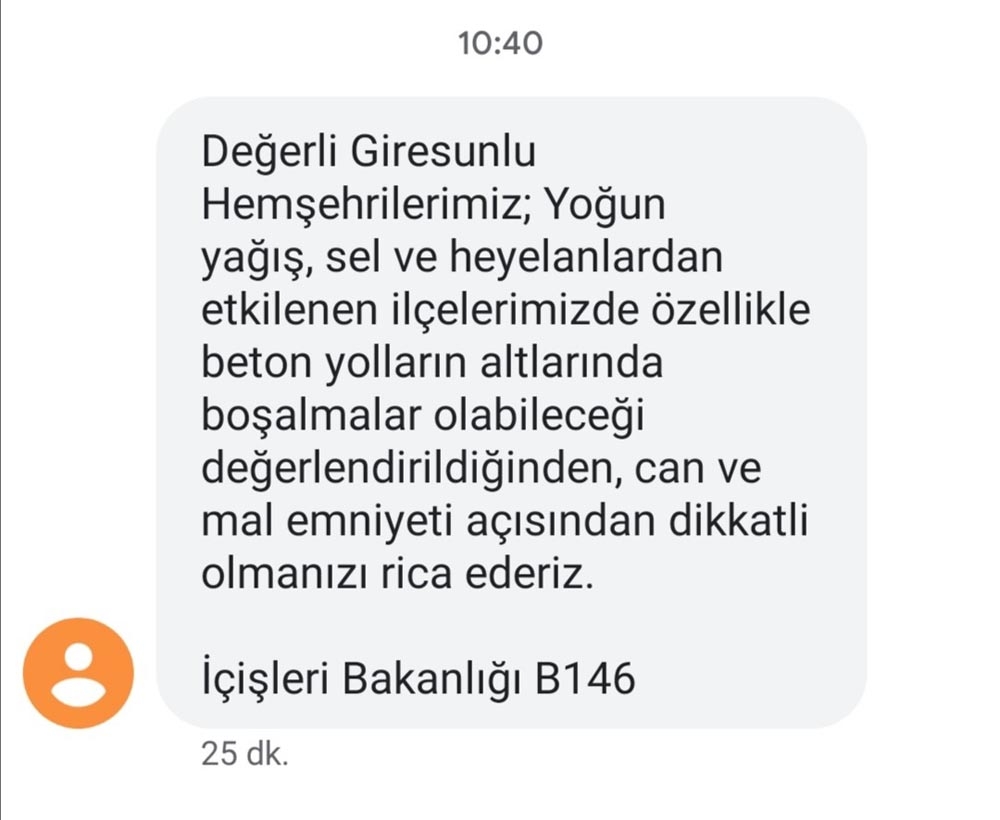 İçişleri Bakanlığından SMS ile Giresun’da tehlike uyarısı