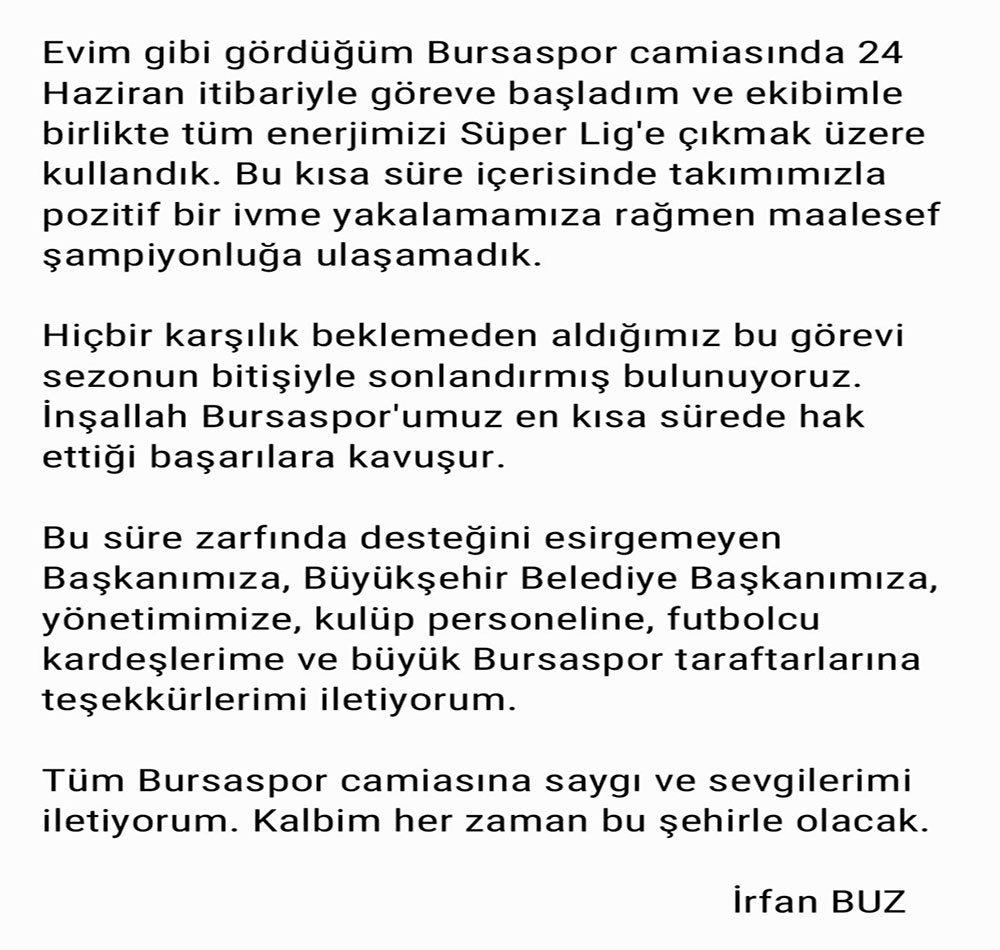 İrfan Buz’dan Bursaspor’a veda mesajı