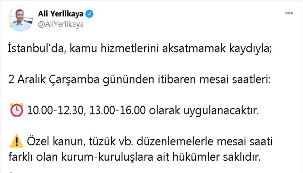 İstanbul Valisi Ali Yerlikaya’dan mesai saatlerine ilişkin açıklama