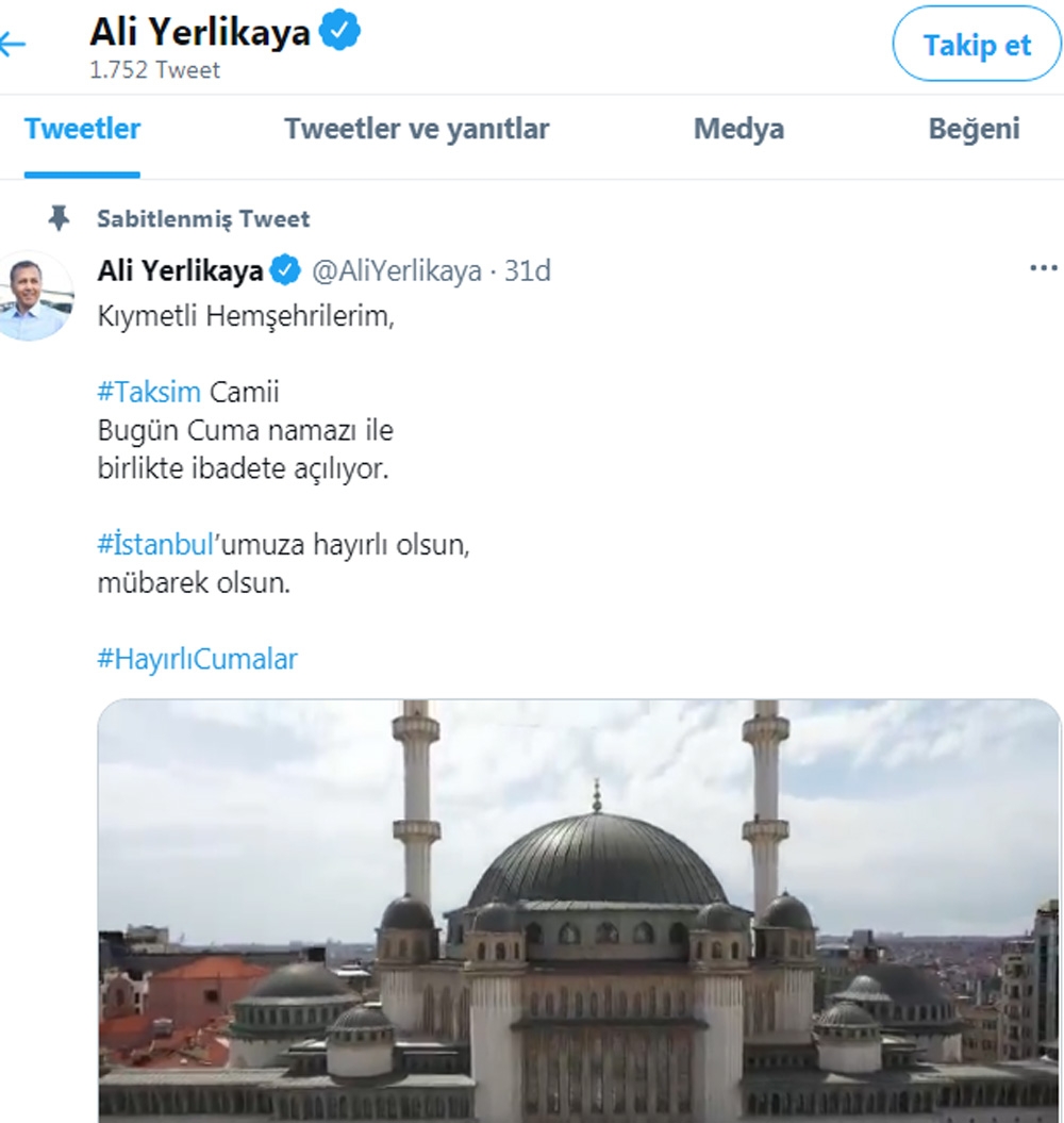 İstanbul Valisi Ali Yerlikaya’dan Taksim Camii paylaşımı