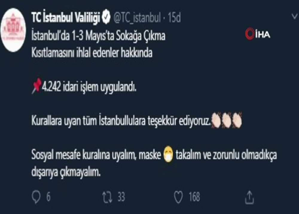 İstanbul’da sokağa çıkma kısıtlamasını ihlal eden 4 bin 242 kişiye idari işlem uygulandı