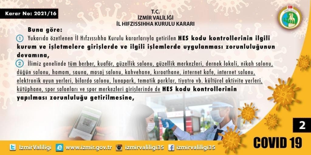 İzmir İl Hıfzıssıhha Kurulundan geniş çaplı ‘HES’ kodu kararı