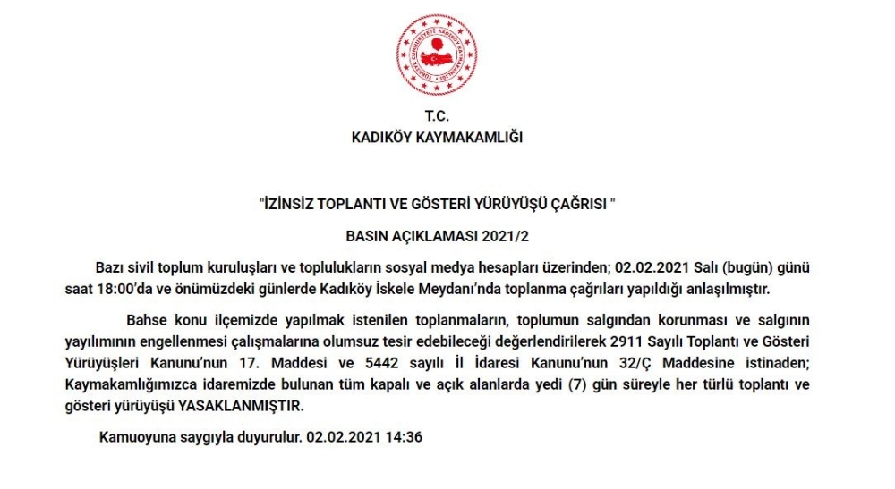 Kadıköy Kaymakamlığı’ndan ’7 günlük yasak’ açıklaması