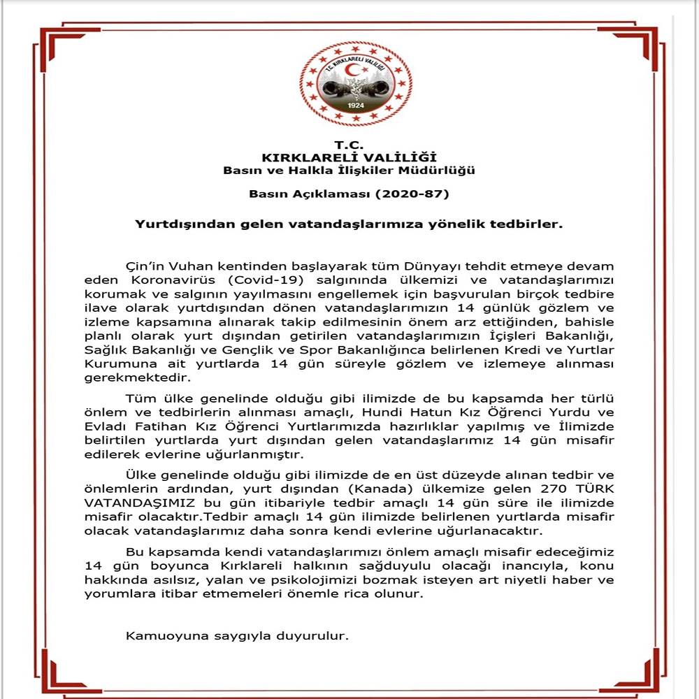 Kanada’dan getirilen 270 Türk vatandaşı Kırklareli’nde yurtlara yerleştirildi