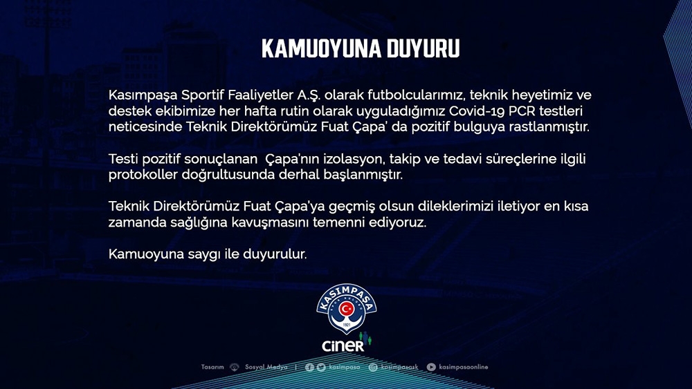 Kasımpaşa Teknik Direktörü Fuat Çapa, korona virüse yakalandı