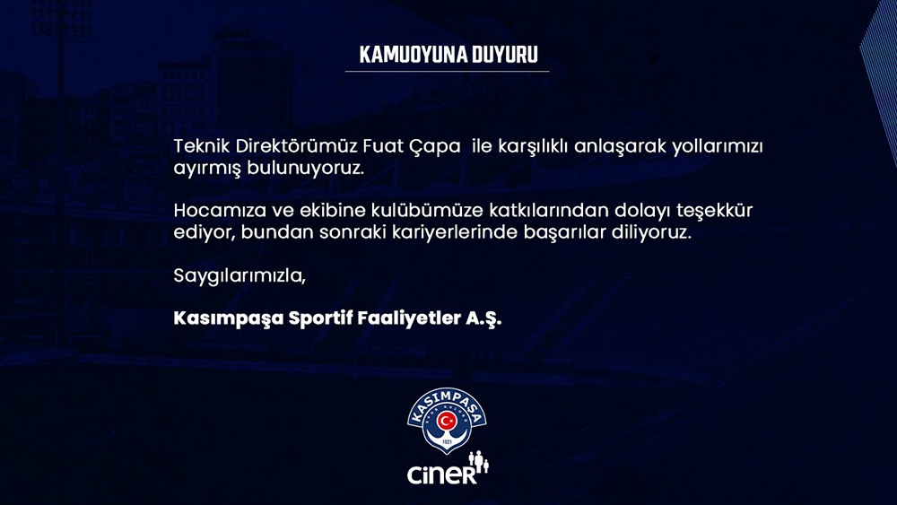 Kasımpaşa’da Fuat Çapa ile yollar ayrıldı