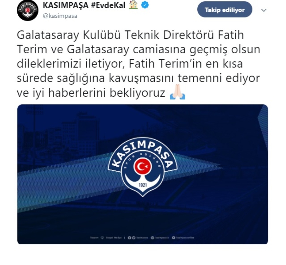 Kasımpaşa’dan Fatih Terim’e geçmiş olsun mesajı