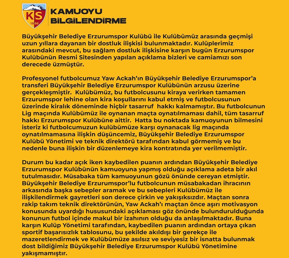 Kayserispor Kulübü Erzurumspor’u mahkemeye verecek