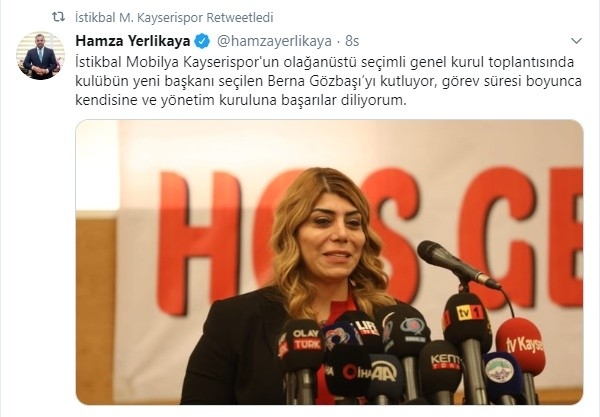 Kayserispor Kulüp Başkanı Berna Gözbaşıya Tebrik Yağıyor