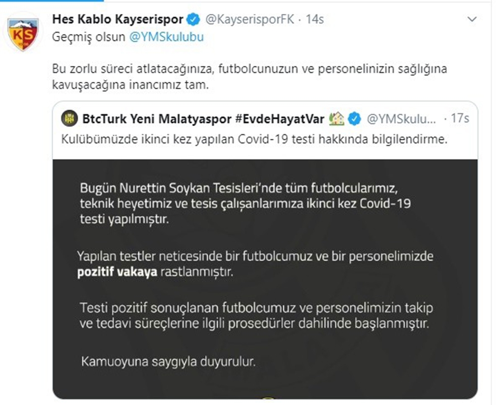 Kayserispor’dan Malatyaspor’a geçmiş olsun mesajı