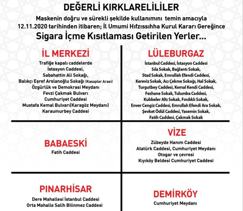 Kırklareli genelinde sigara içme kısıtlaması getirilen yerler duyuruldu