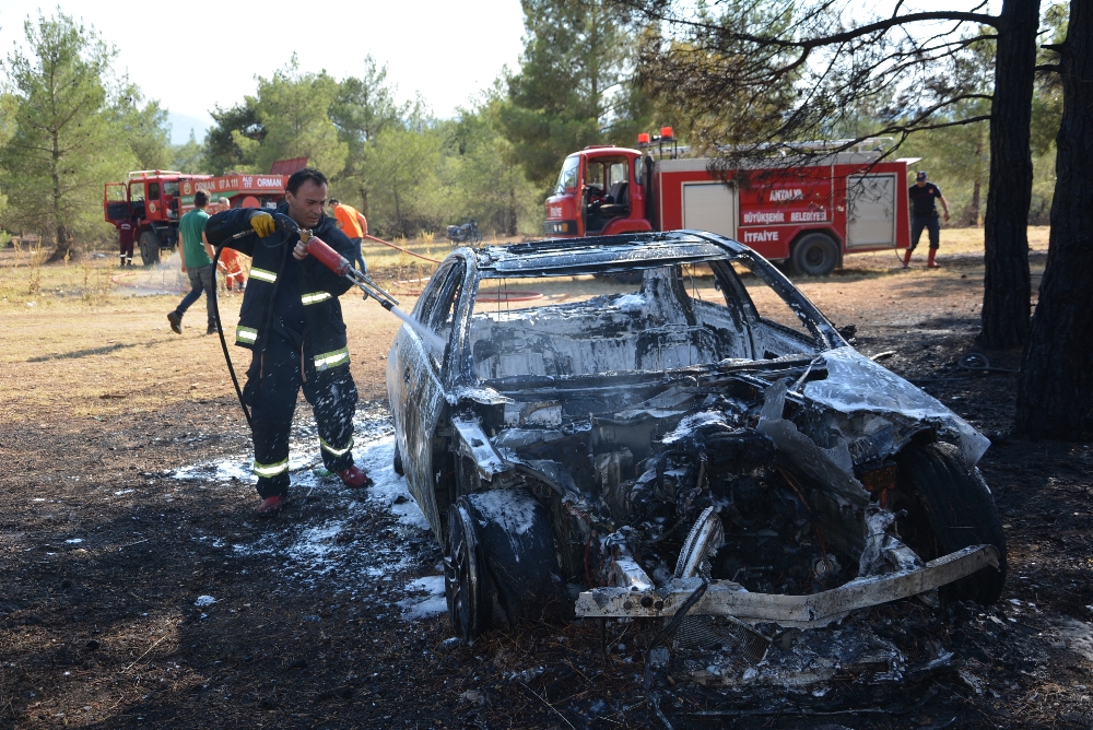 Lüks otomobil ormanlık alanda alev alev yandı