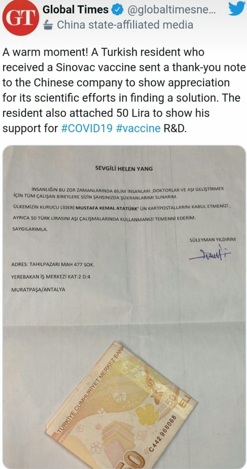 Mali müşavirden Sinovac’a 50 TL ile Atatürk kartpostalı teşekkür mektubu