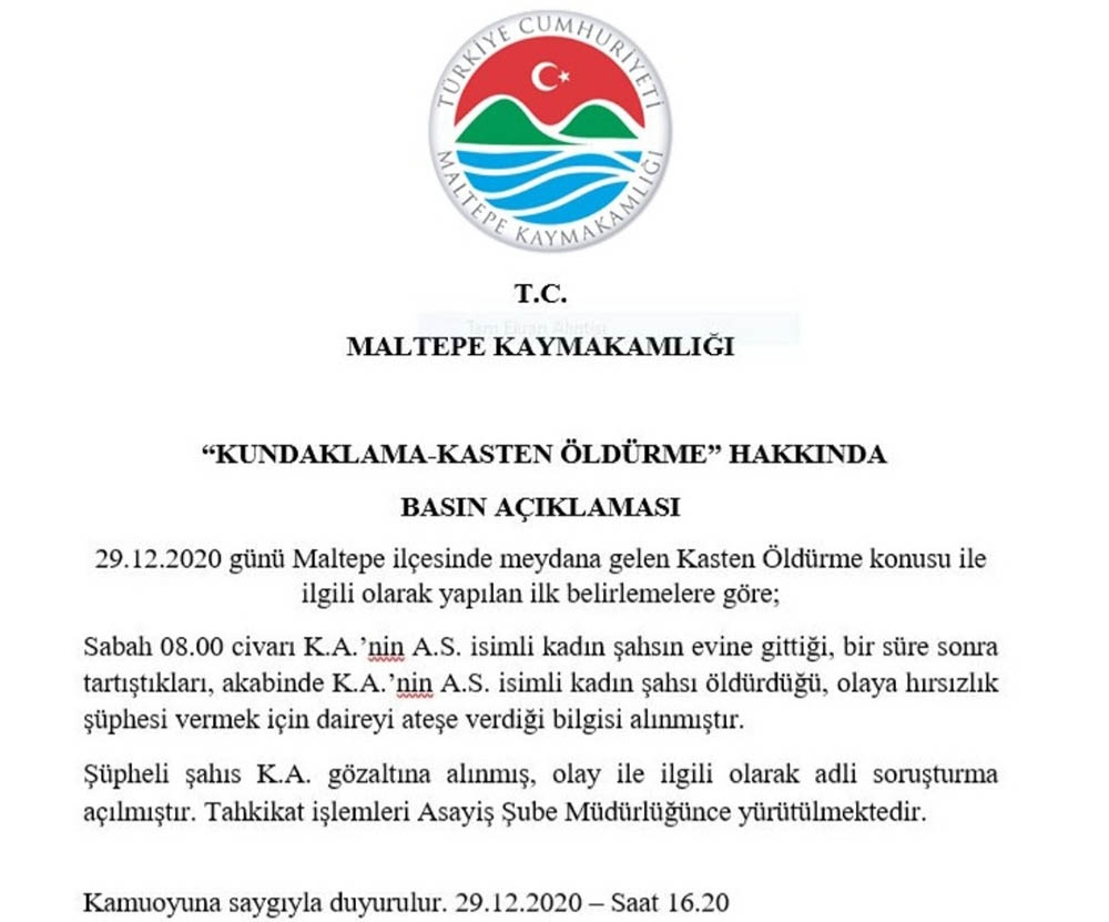 Maltepe Kaymakamlığından öğretim üyesi Aylin Sözer’in öldürülmesiyle ilgili açıklama