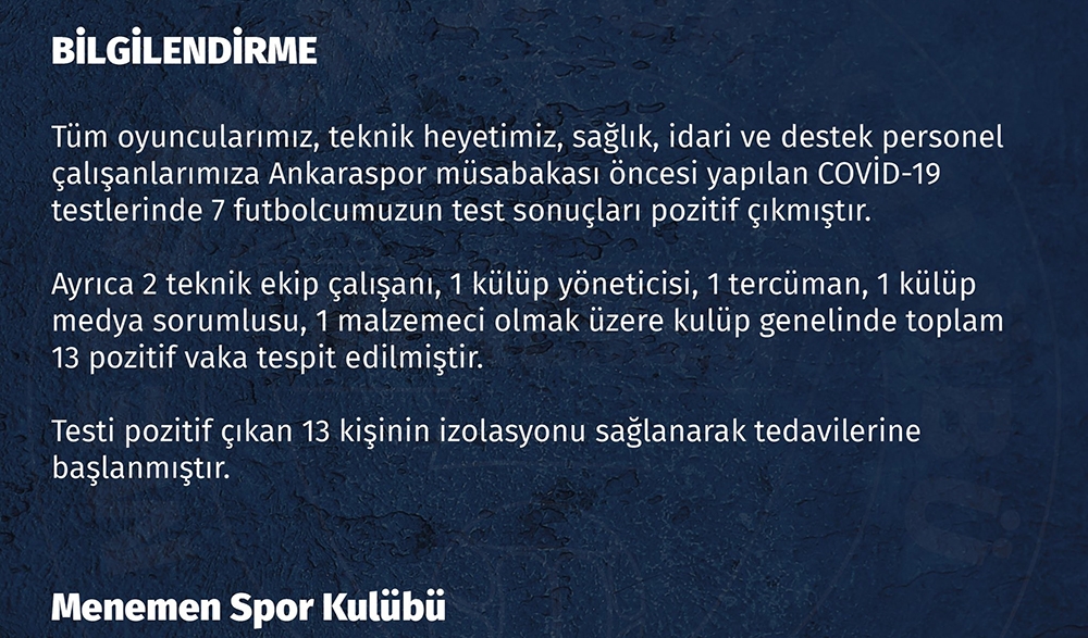 Menemenspor’da 13 pozitif vaka