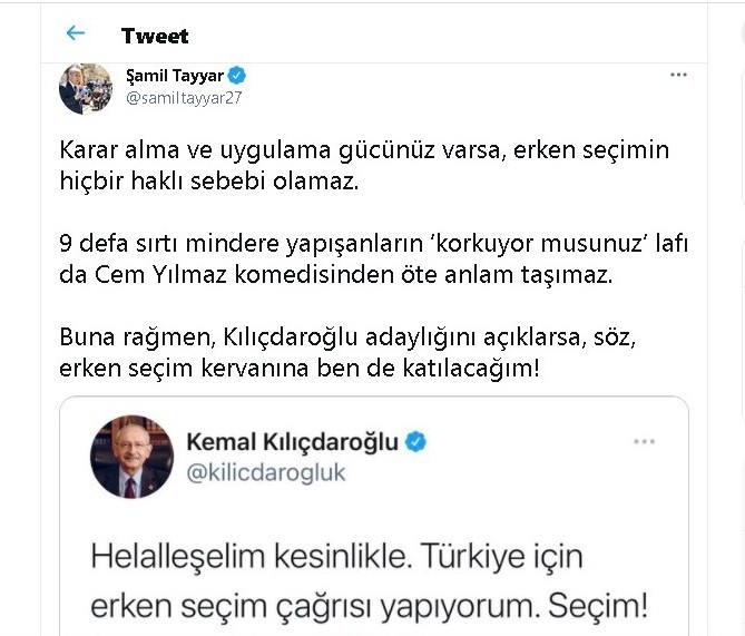 Milletvekili Tayyar’dan erken seçim çağrısına şartlı destek