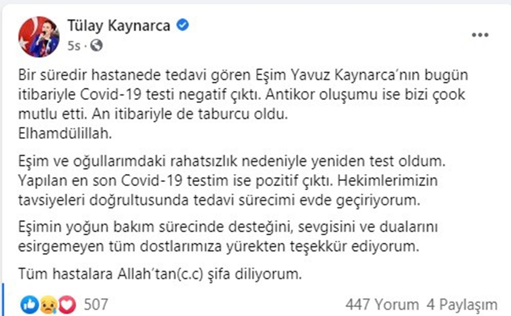 Milletvekili Tülay Kaynarca, korona virüs testinin pozitif çıktığını açıkladı