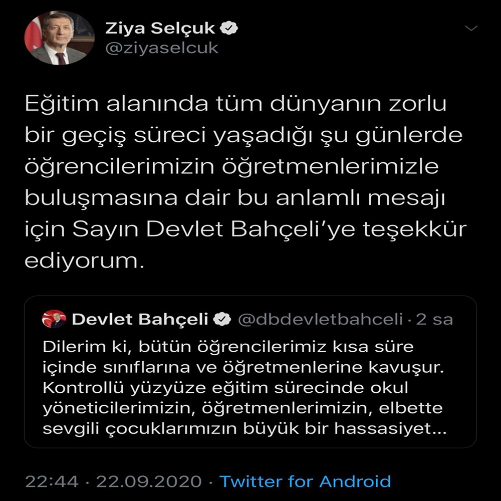 Milli Eğitim Bakanı Selçuk’dan MHP lideri Bahçeli’ye teşekkür mesajı
