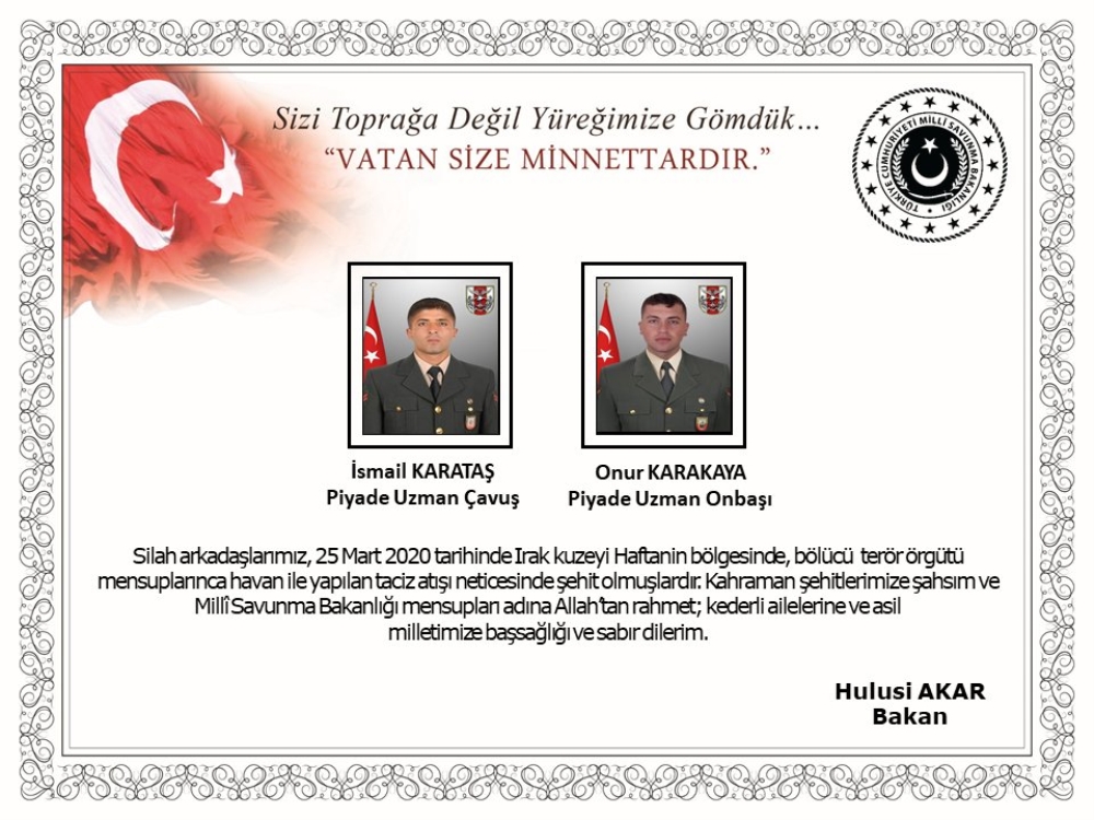 Milli Savunma Bakanı Akar’dan 2 şehit için başsağlığı mesajı