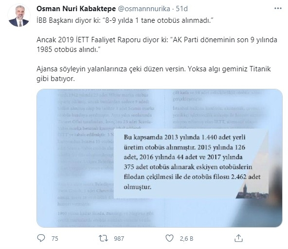 Osman Nuri Kabaktepe’den Ekrem İmamoğlu’na yanıt: “Algı geminiz Titanik gibi batıyor”