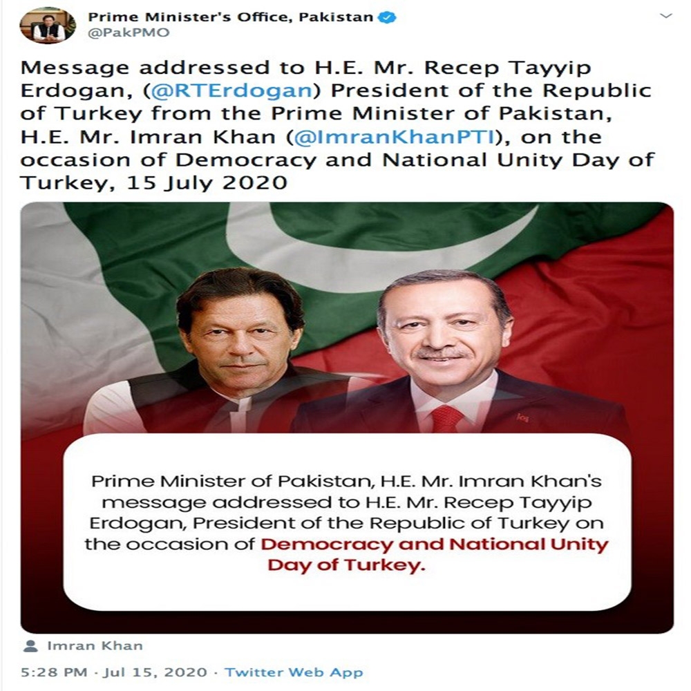 Pakistan Başbakanı Khan’dan Erdoğan’a 