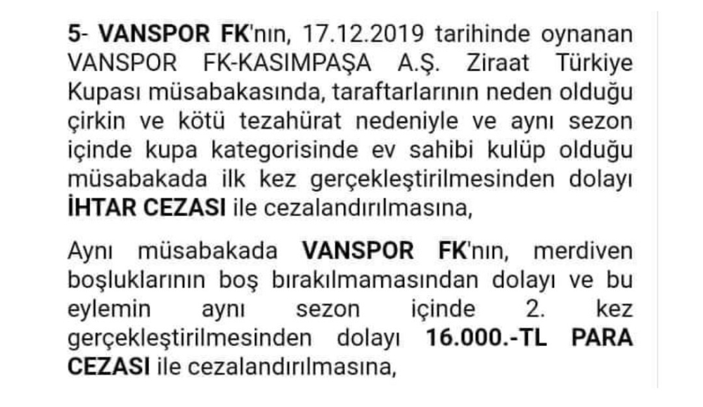Pfdkdan Van Spor Fkye 16 Bin Lira Ceza