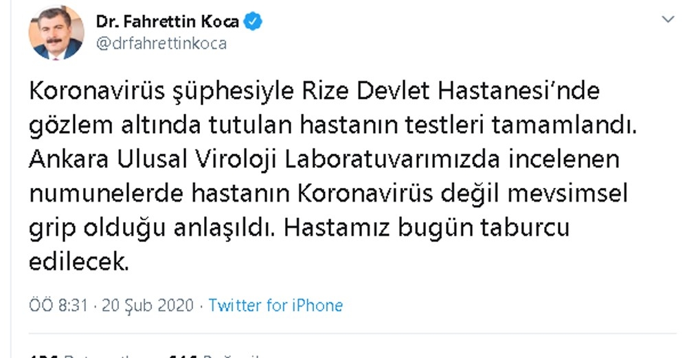 Rize’deki virüs şüphesinde sevindirici haber Bakan Koca’dan geldi