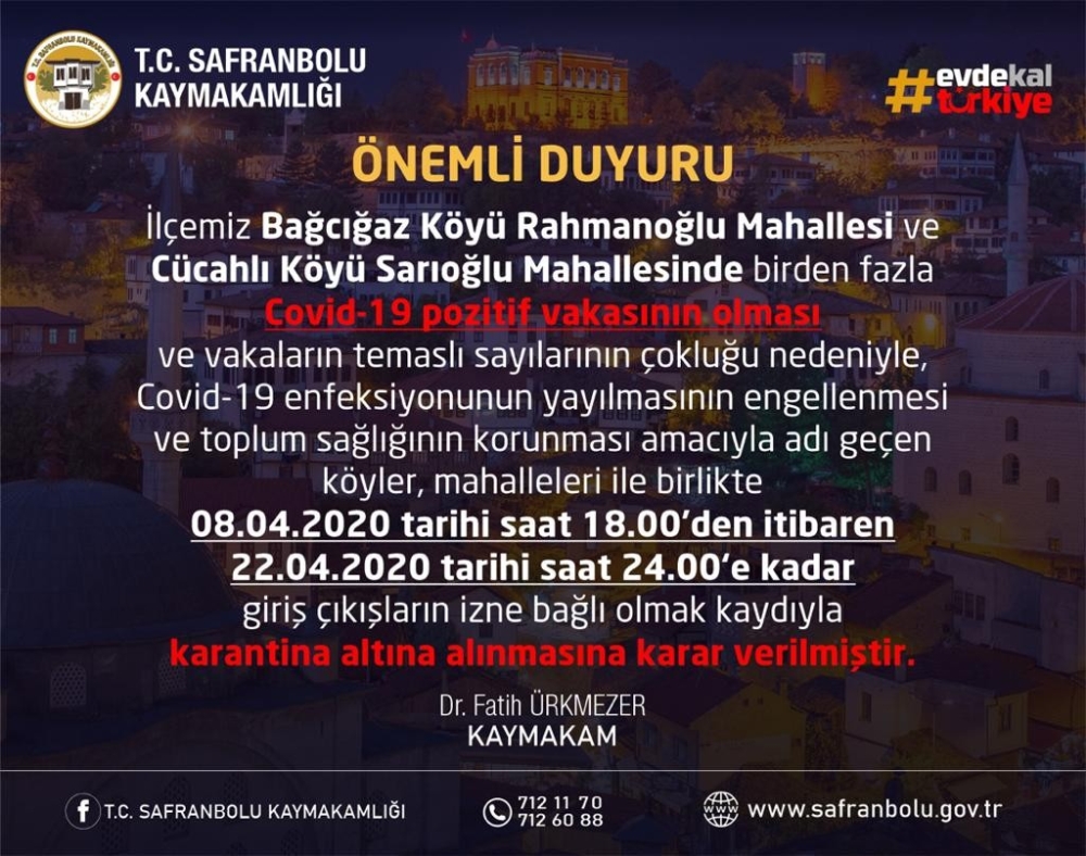 Safranbolu’da iki köy karantinaya alındı