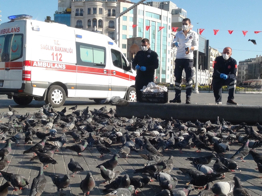 Sağlık çalışanları Taksim’deki kuşları besledi