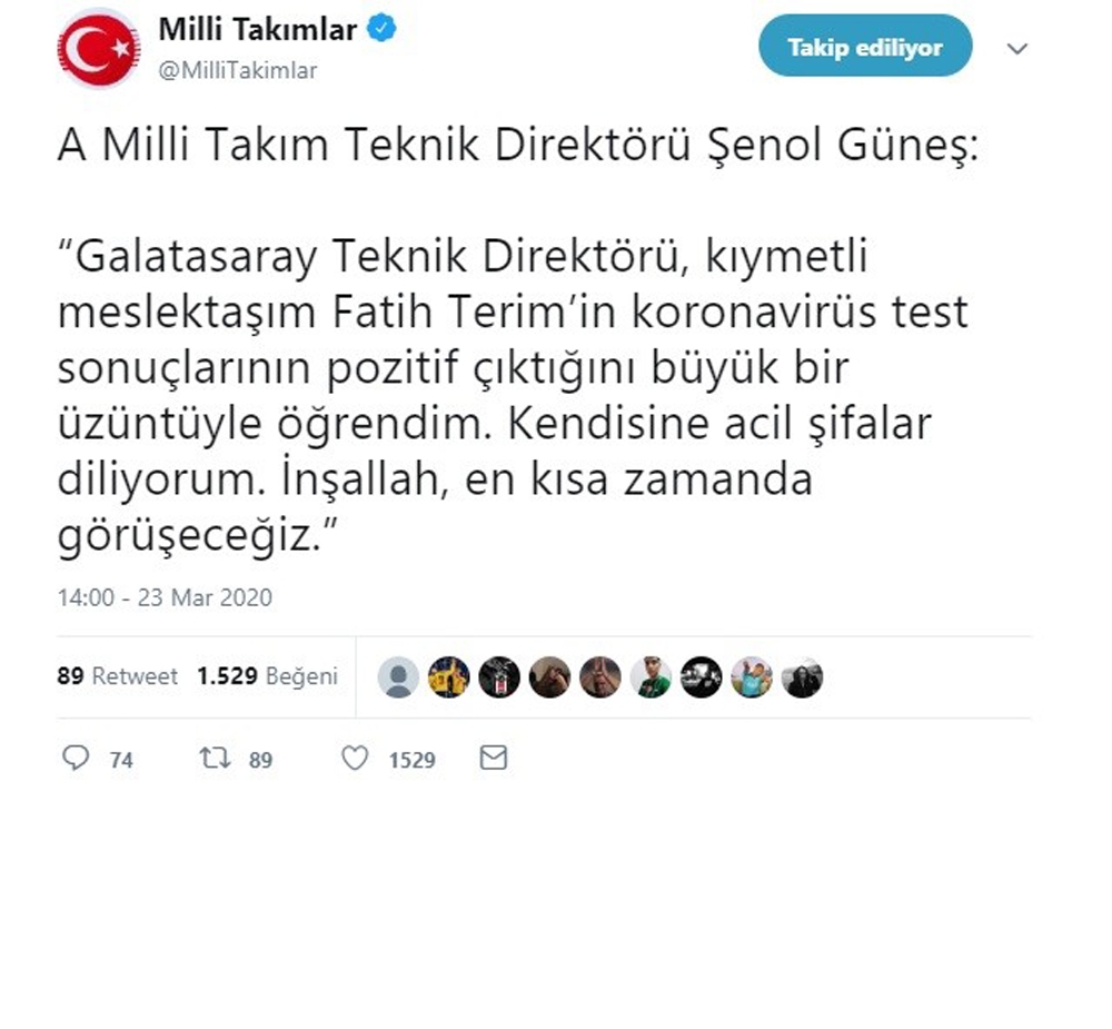 Şenol Güneş’ten Fatih Terim’e geçmiş olsun mesajı