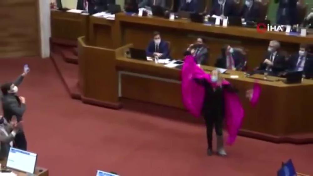 Şili’de milletvekilinden pembe pelerinle yasa tasarısı sevinci
