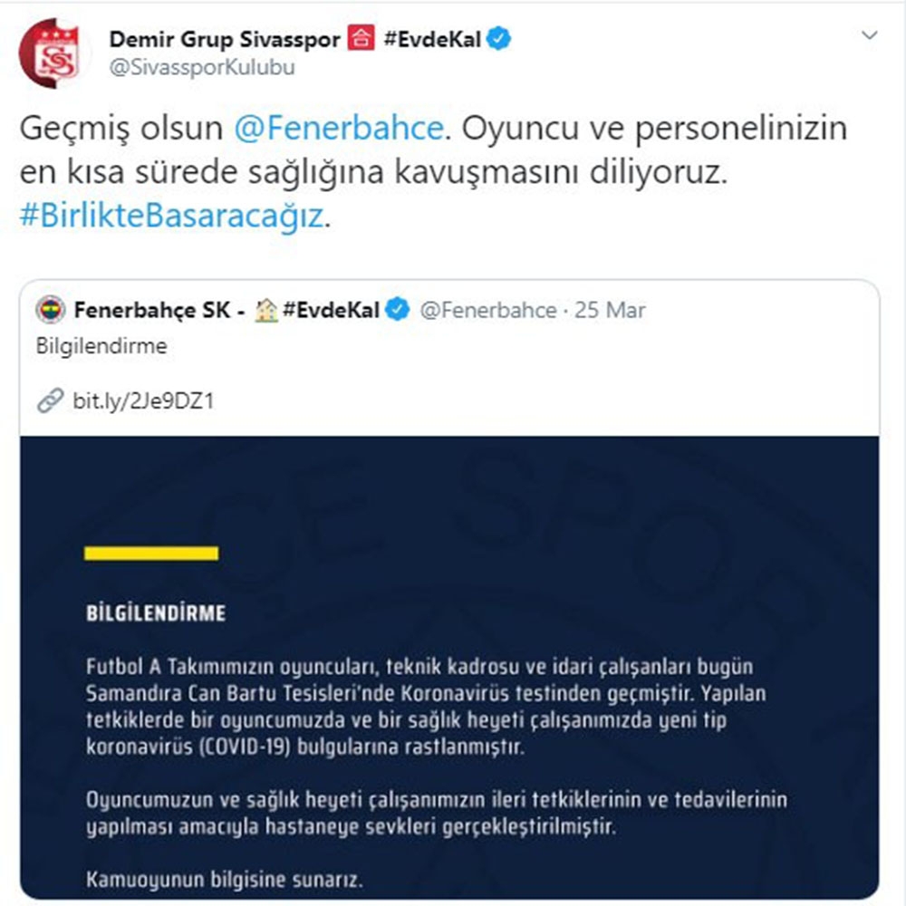 Sivasspor’dan Fenerbahçe’ye geçmiş olsun mesajı