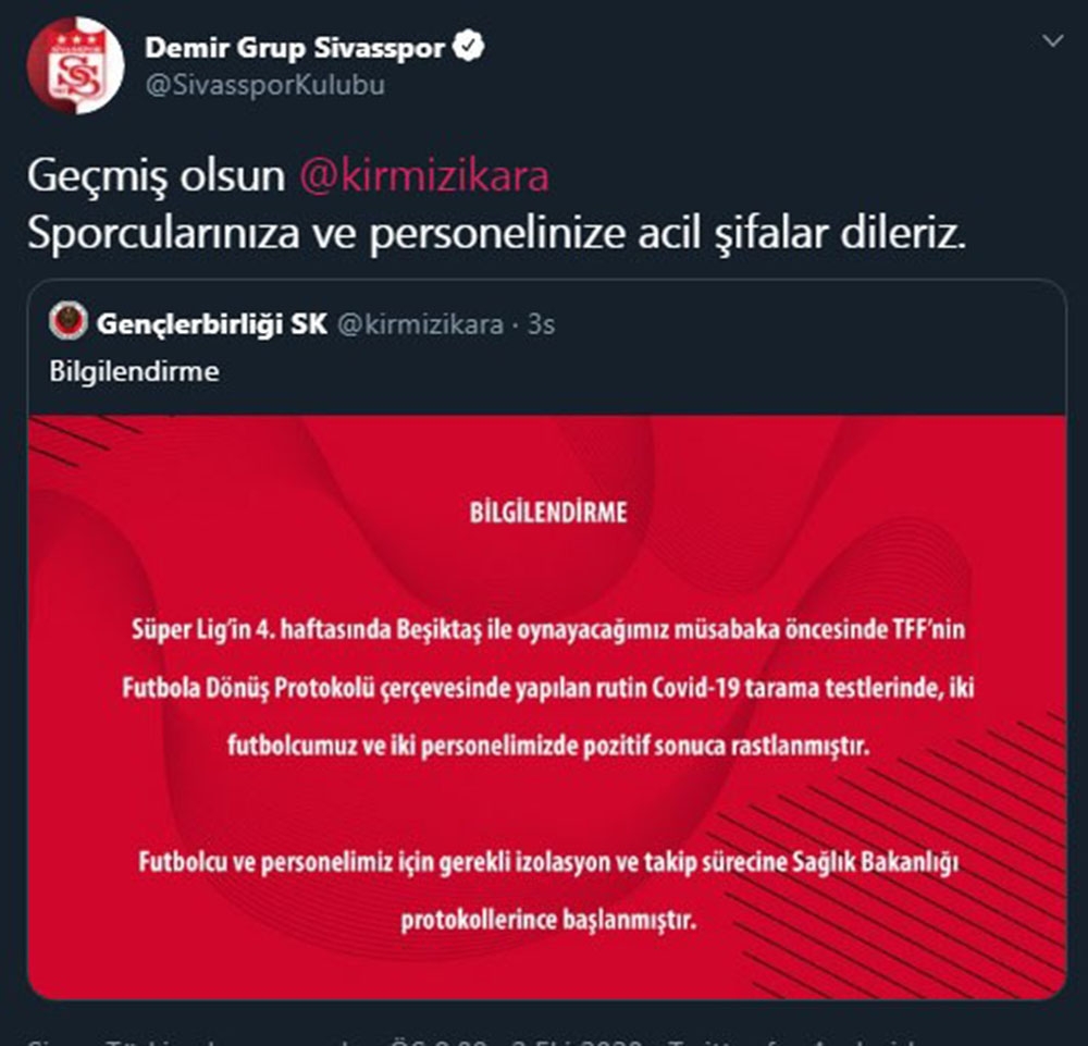 Sivasspor’dan Gençlerbirliği’ne geçmiş olsun mesajı
