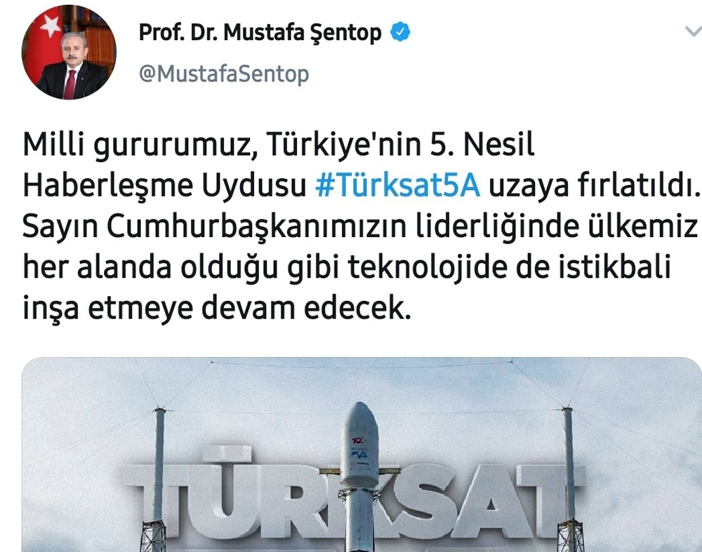 TBMM Başkanı Şentop’tan Türksat 5A paylaşımı
