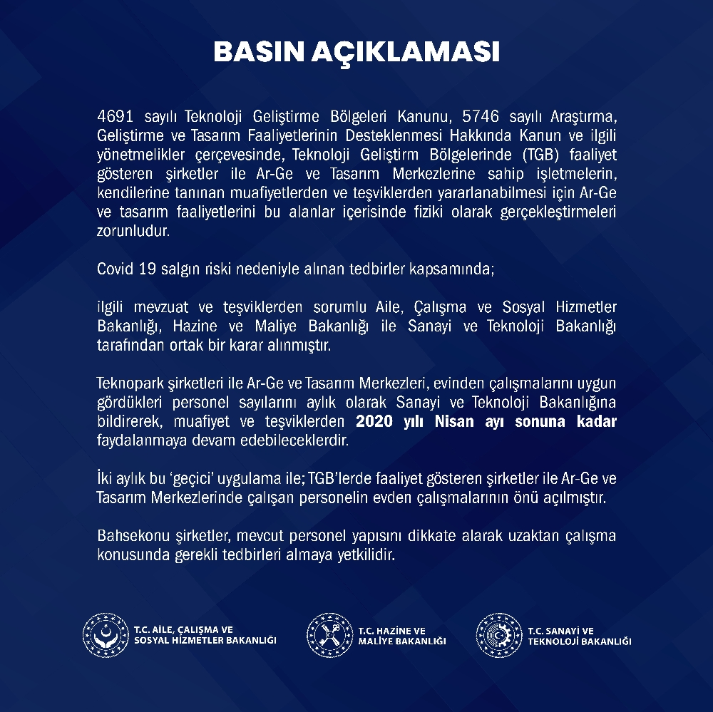 Teknopark Şirketleri ve Ar-Ge Tasarım şirketlerinde çalışanlar evden çalışabilecek