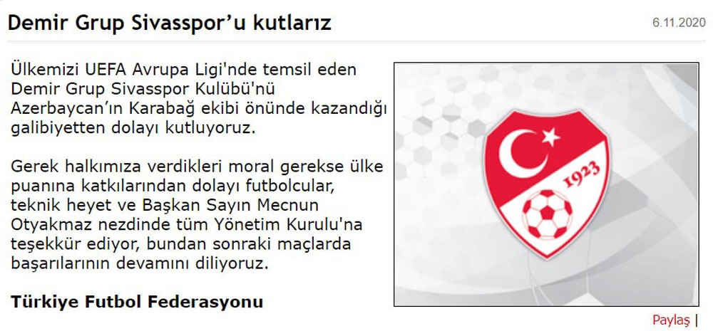 TFF’den Sivasspor’a kutlama