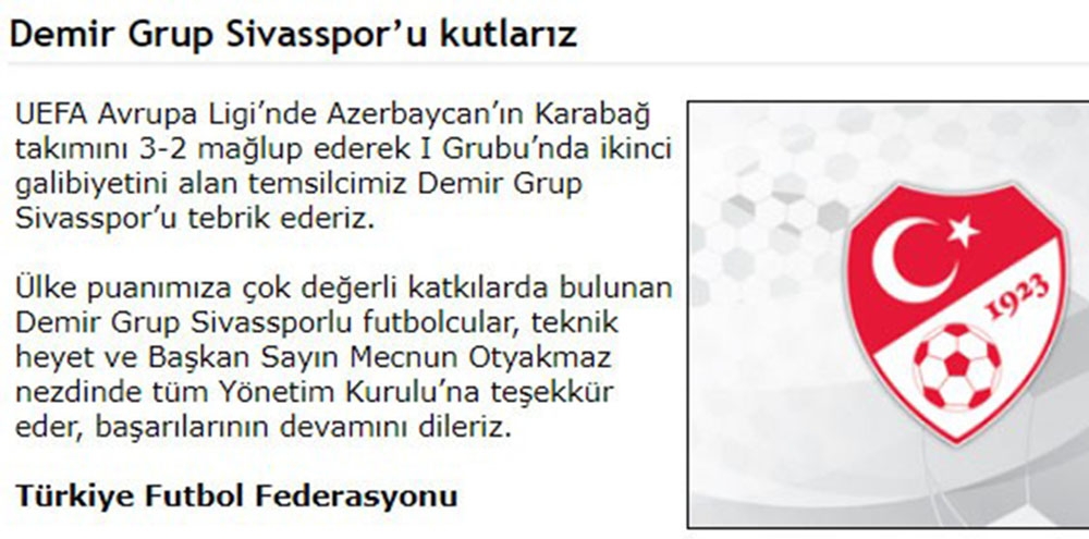 TFF’den Sivasspor’a tebrik