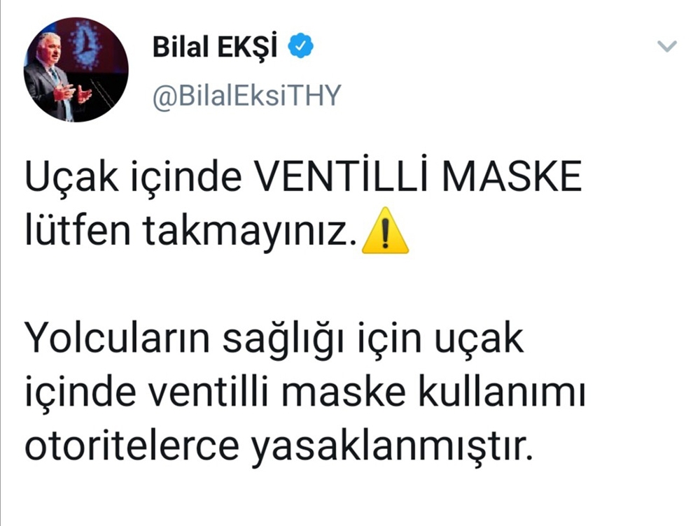 THY Genel Müdürü Bilal Ekşi’den yolculara ’ventilli maske’ uyarısı