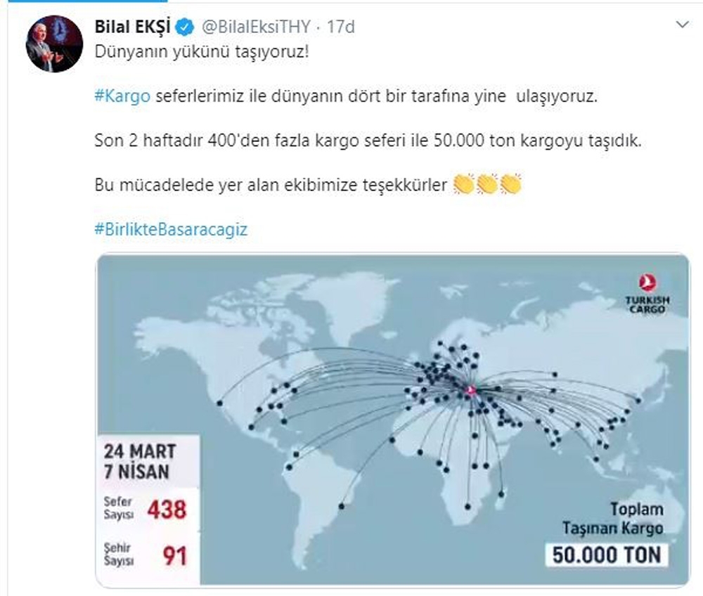 THY korona virüsle mücadelede 2 haftada 50 bin ton kargo taşıdı