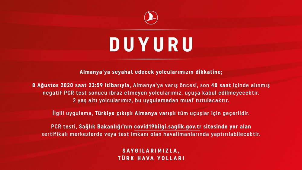 THY’den Almanya’ya seyahat edecek yolculara ’PCR testi’ uyarısı