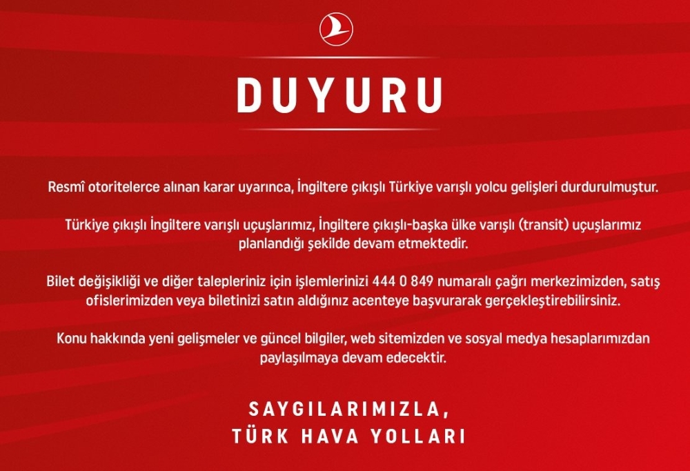 THY’den İngiltere uçuşlarına ilişkin açıklama
