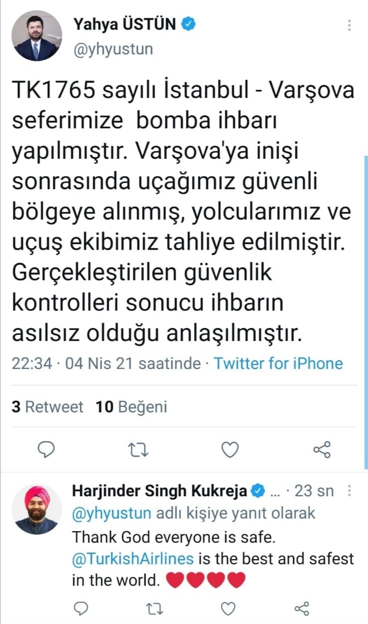 THY’nin Varşova uçağına bomba ihbarı