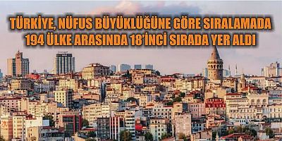 Türkiye nüfus büyüklüğüne göre sıralamada 18'inci sırada